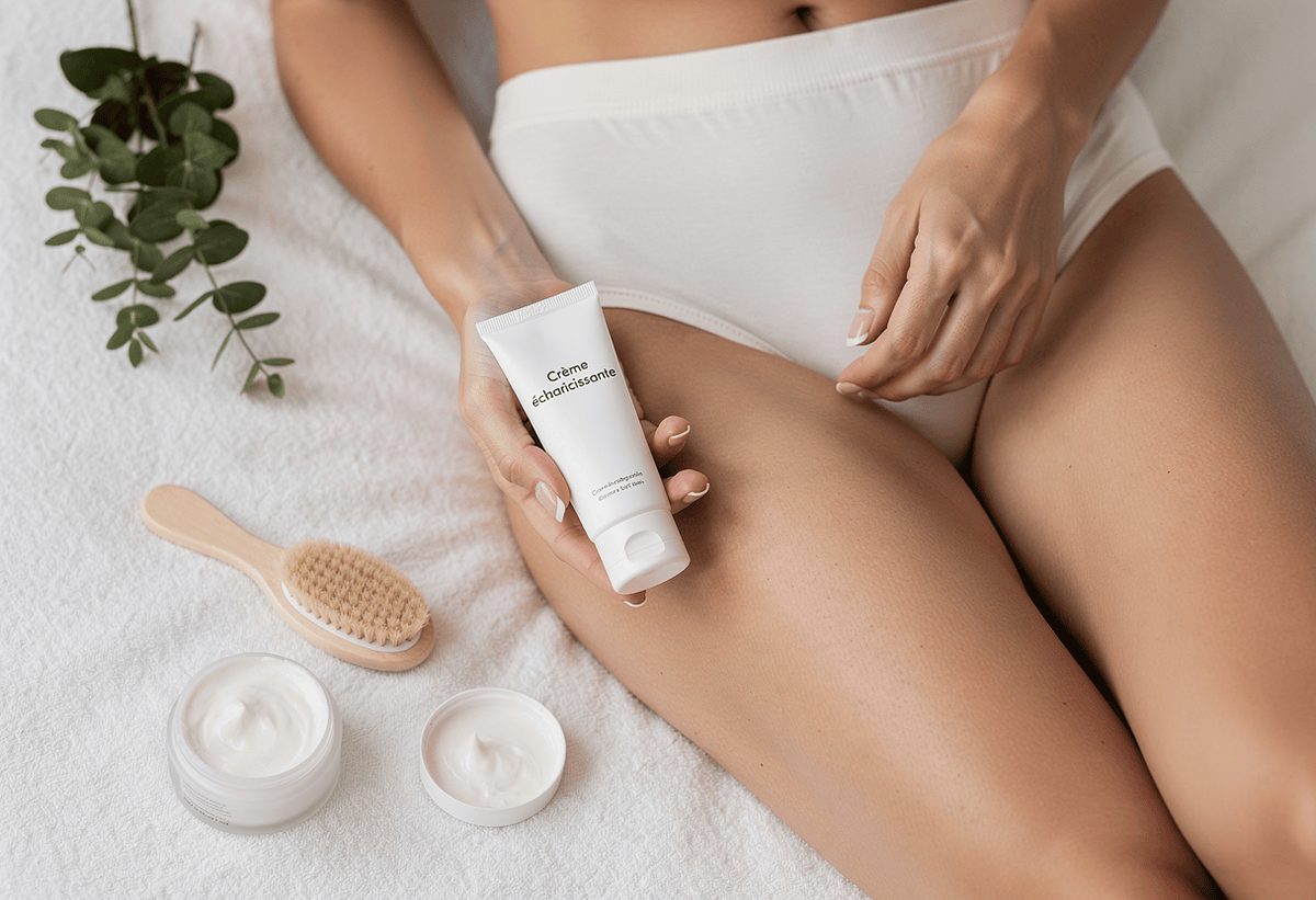 Application d'une crème apaisante sur le maillot après l'épilation des parties intimes, avec brosse douce et pots de soin hydratant