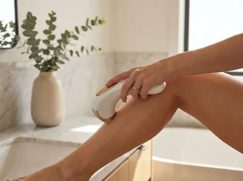 Séance d'épilation à la lumière pulsée sur une jambe, illustrant le contraste entre peau claire et poils foncés