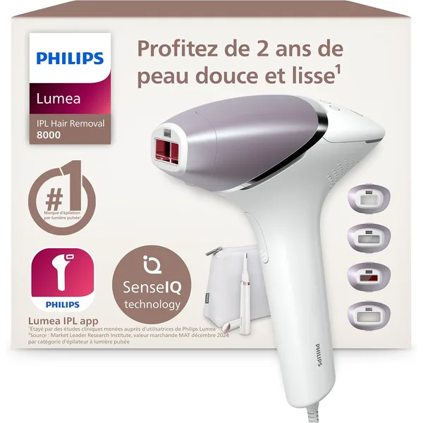 Coffret Philips Lumea série 8000 BRI949/00 avec ses quatre embouts et sa tondeuse-stylo
